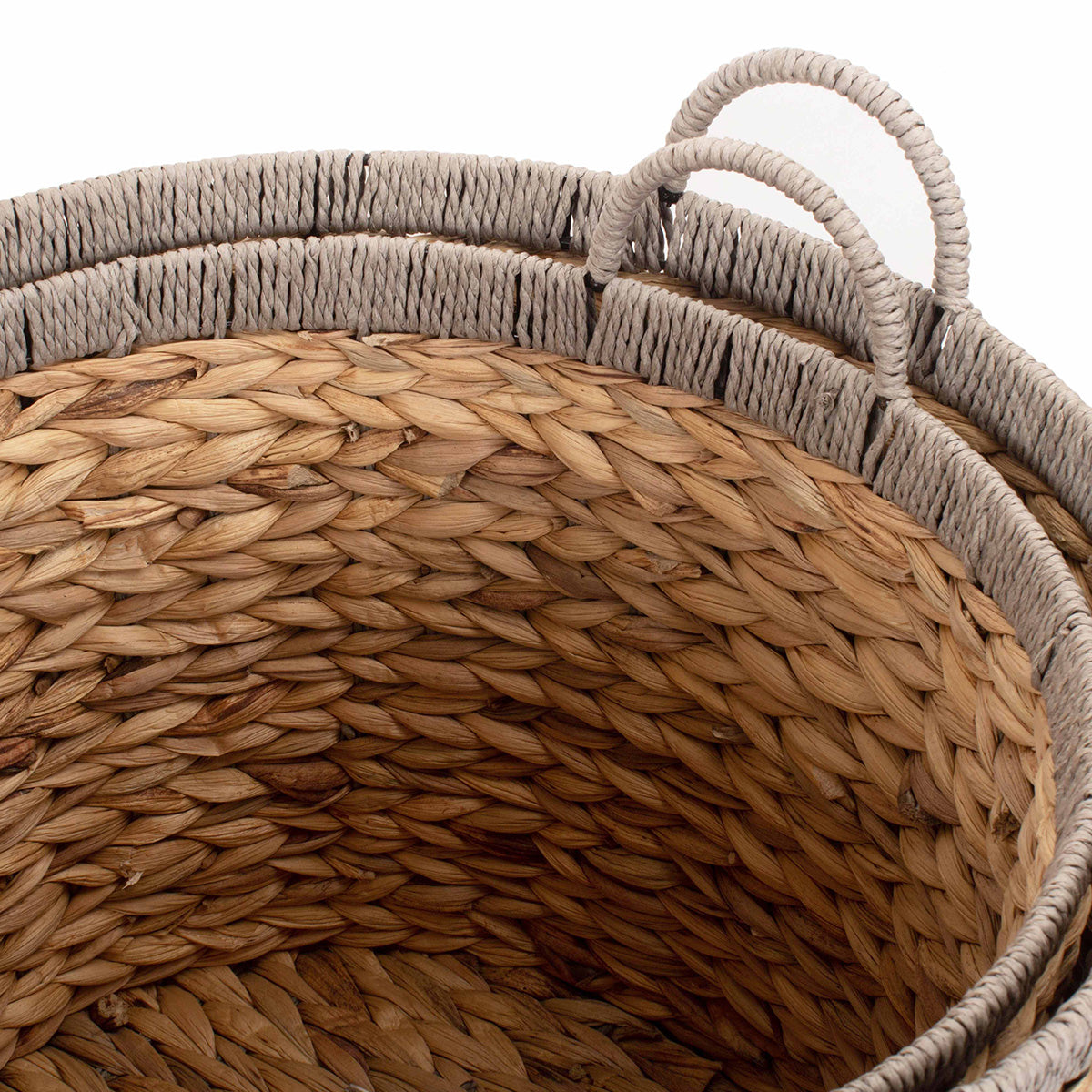 Round Water Hyacinth Storage Baskets With Grey Rope Border Set 2 - Image 2