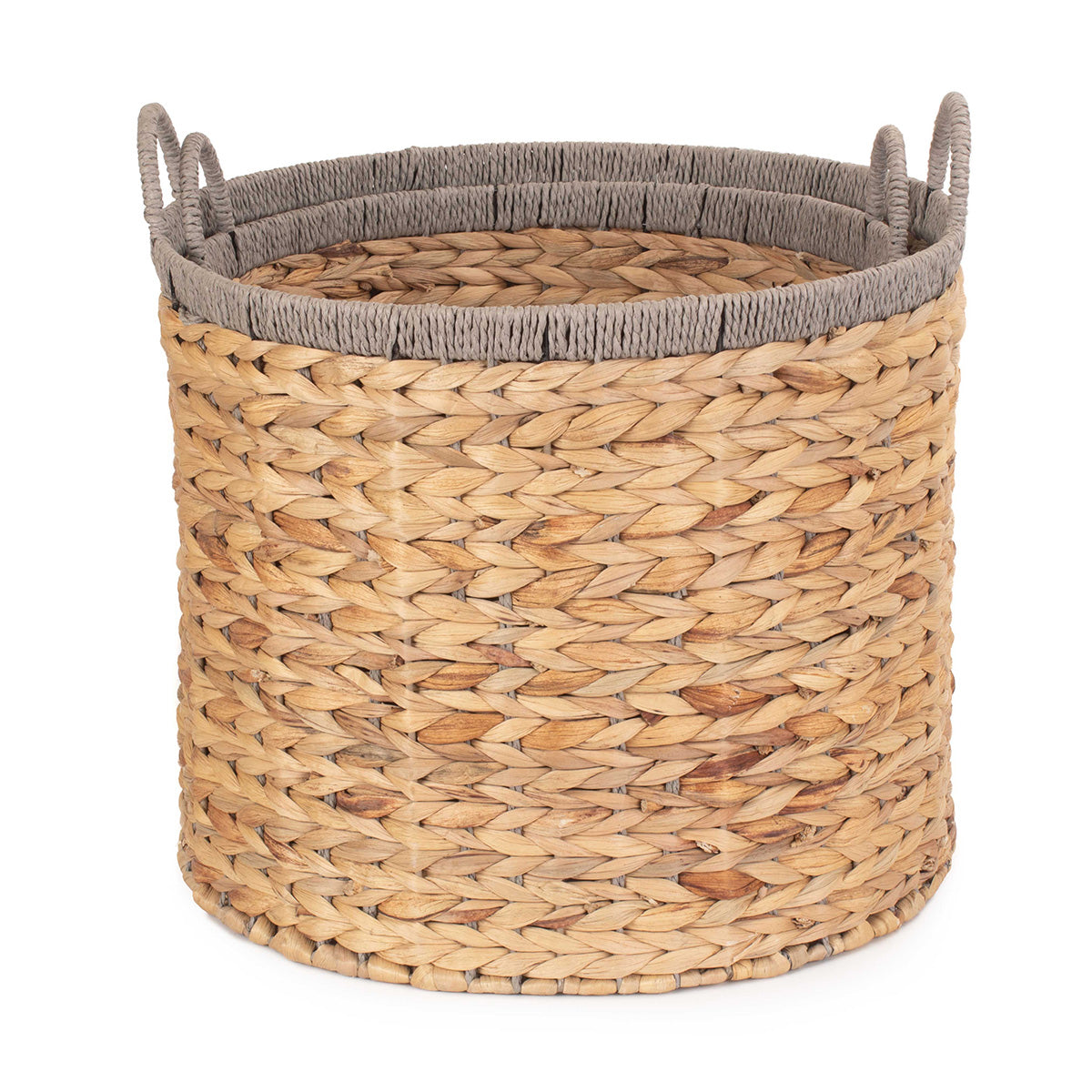 Round Water Hyacinth Storage Baskets With Grey Rope Border Set 2 - Image 3