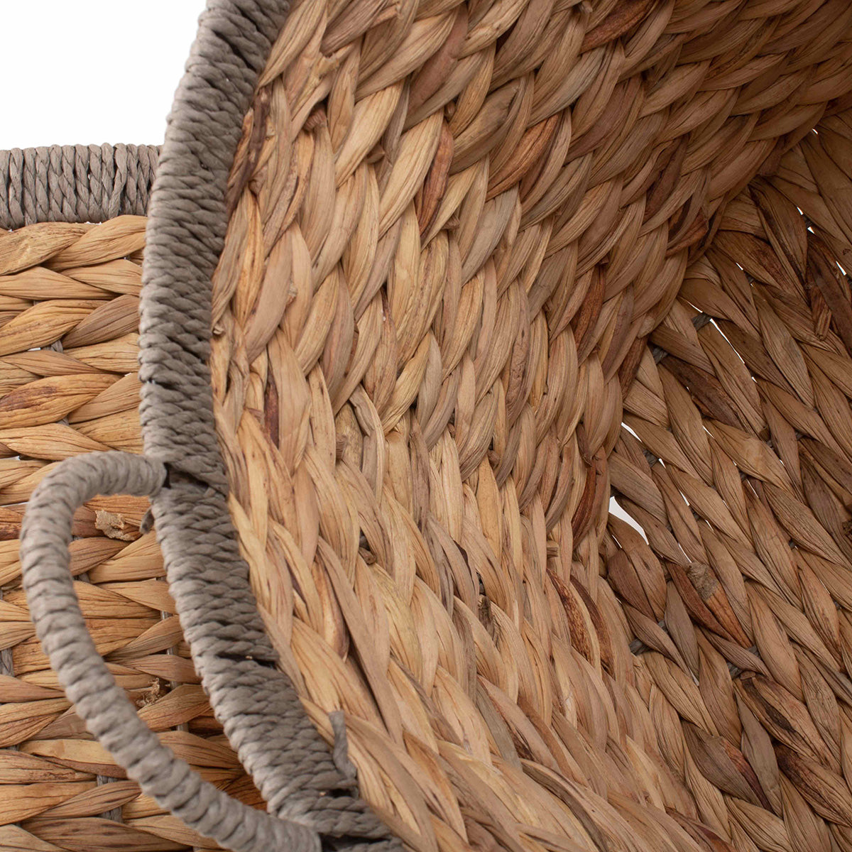 Round Water Hyacinth Storage Baskets With Grey Rope Border Set 2 - Image 4