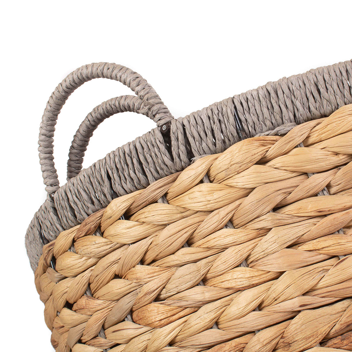 Round Water Hyacinth Storage Baskets With Grey Rope Border Set 2 - Image 5