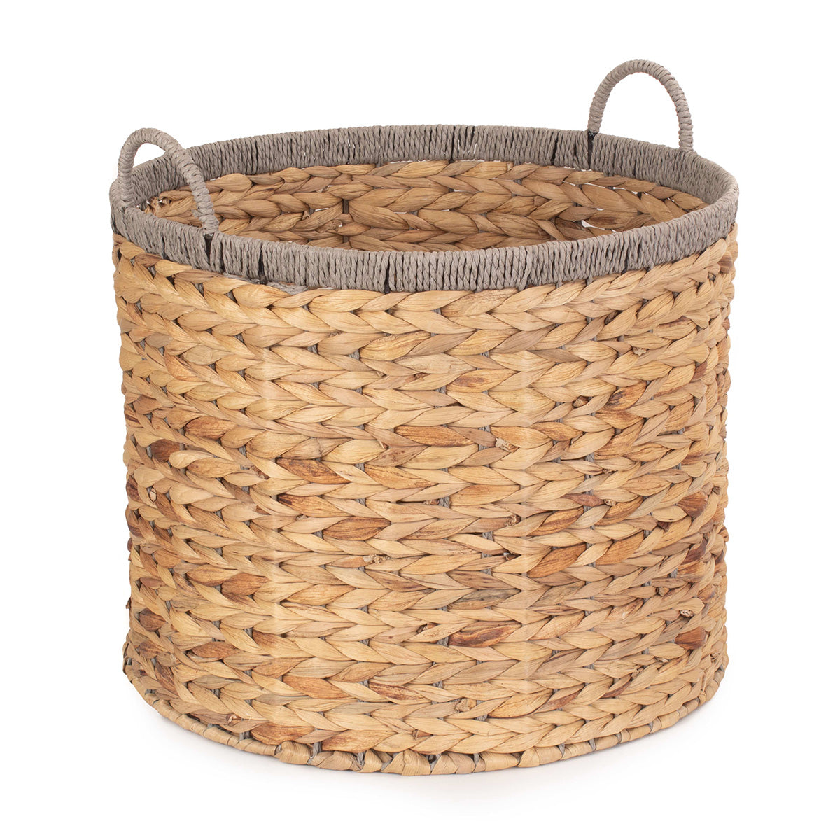 Round Water Hyacinth Storage Baskets With Grey Rope Border Set 2 - Image 6