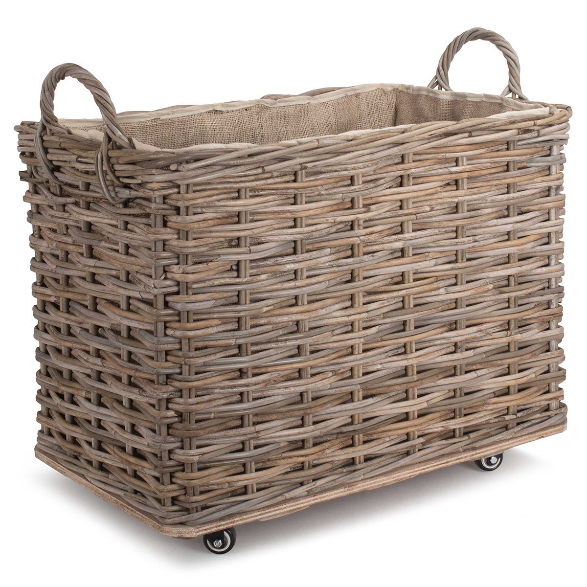 Small Wheeled Rattan Cordura Lined Log Basket - Image 2